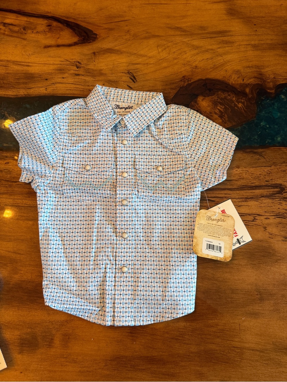 Wrangler Baby Boys' Blue and White Short Sleeve Button-Down Shirt